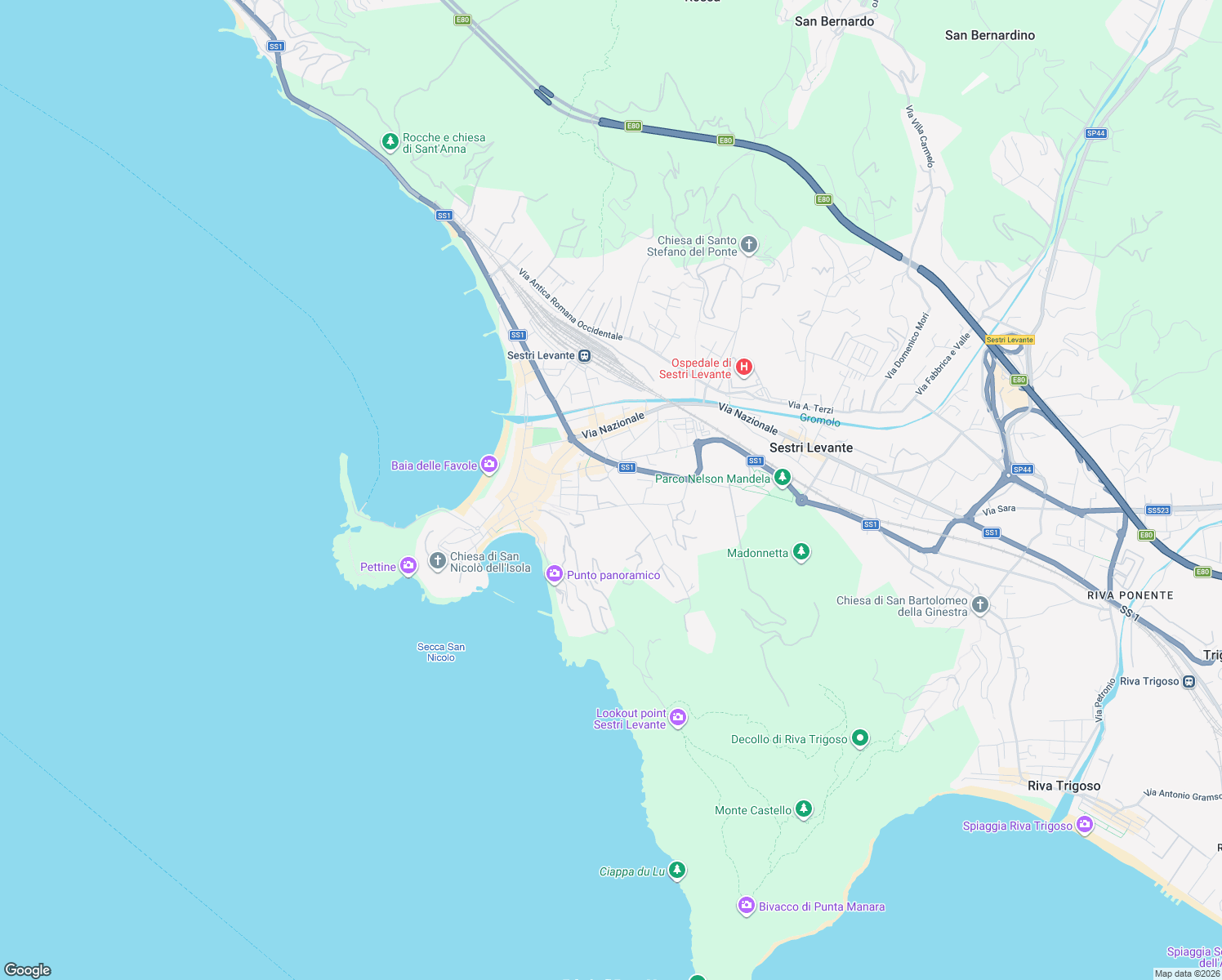 map of restaurants, bars, coffee shops, grocery stores, and more near 20 Via Val di Canepa in Sestri Levante