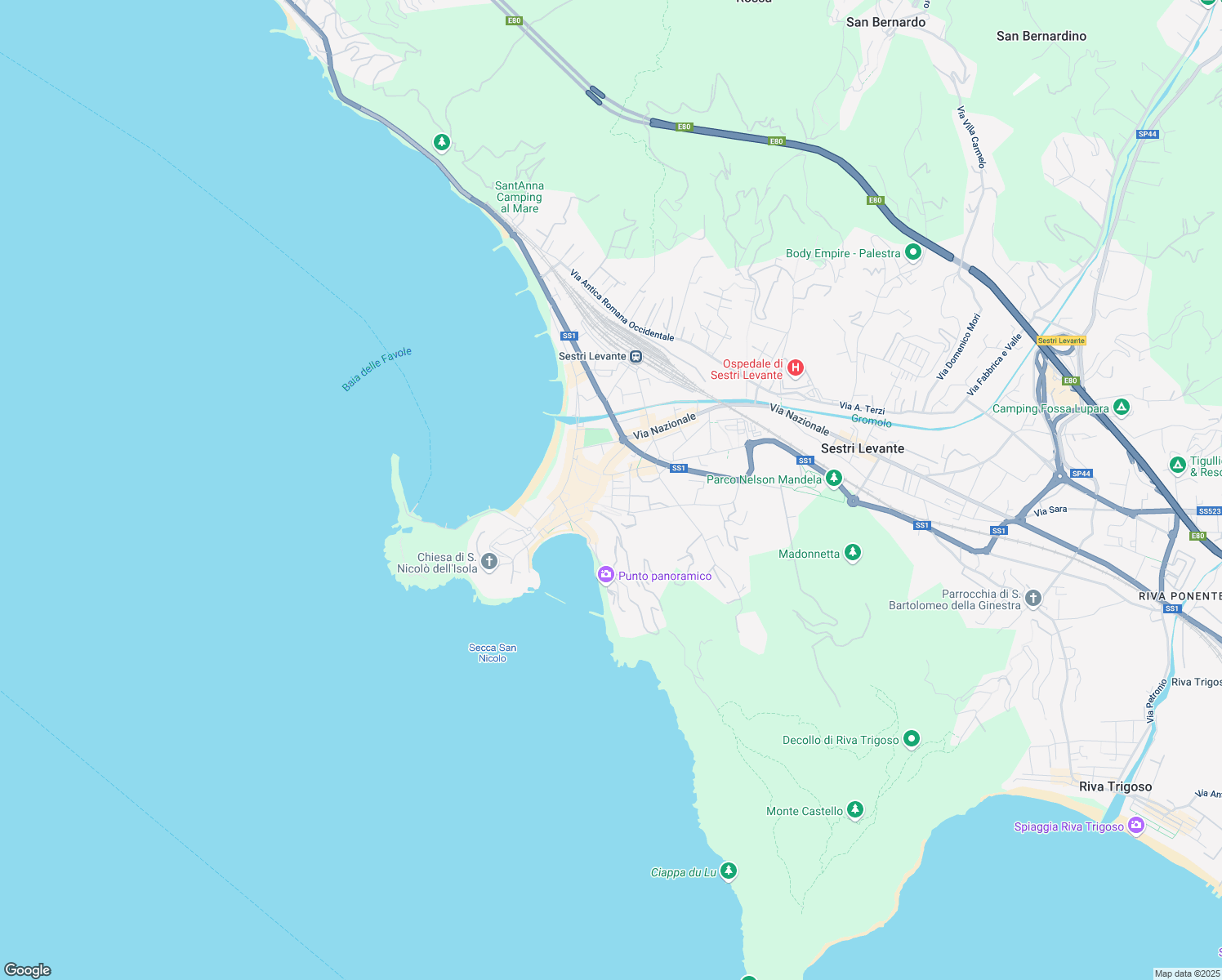 map of restaurants, bars, coffee shops, grocery stores, and more near 21 Piazza Aldo Moro in Sestri Levante