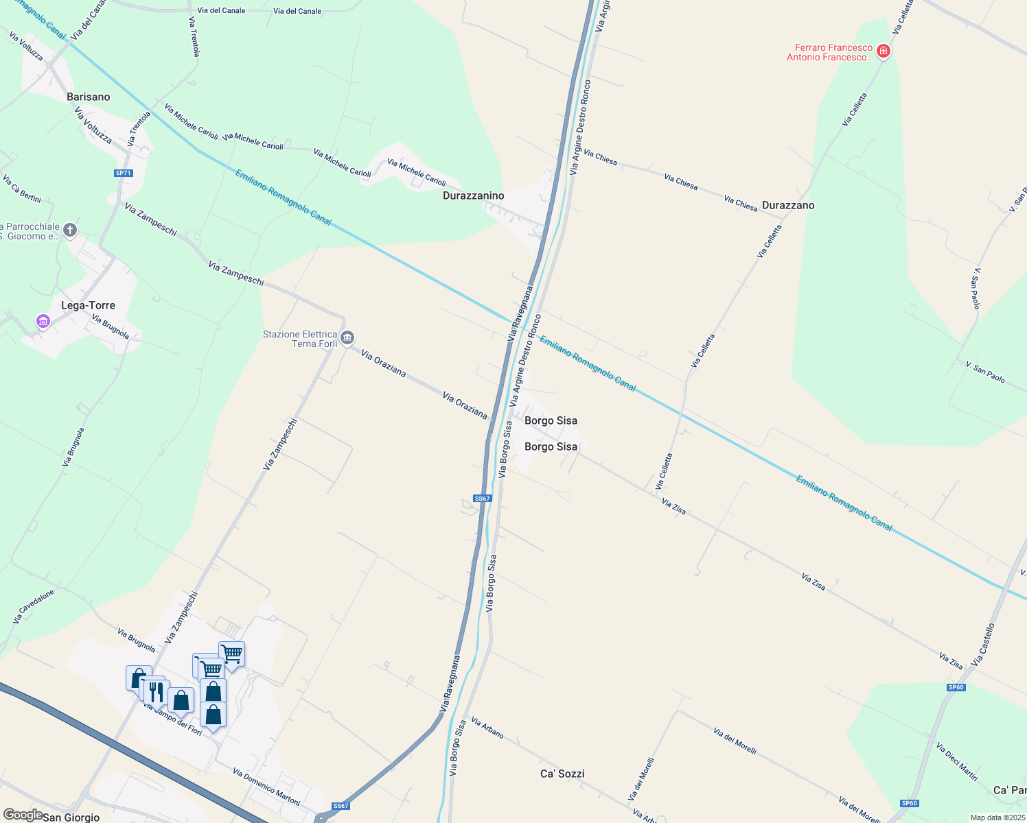 map of restaurants, bars, coffee shops, grocery stores, and more near 222 Via Argine Destro Ronco in Borgo Sisa