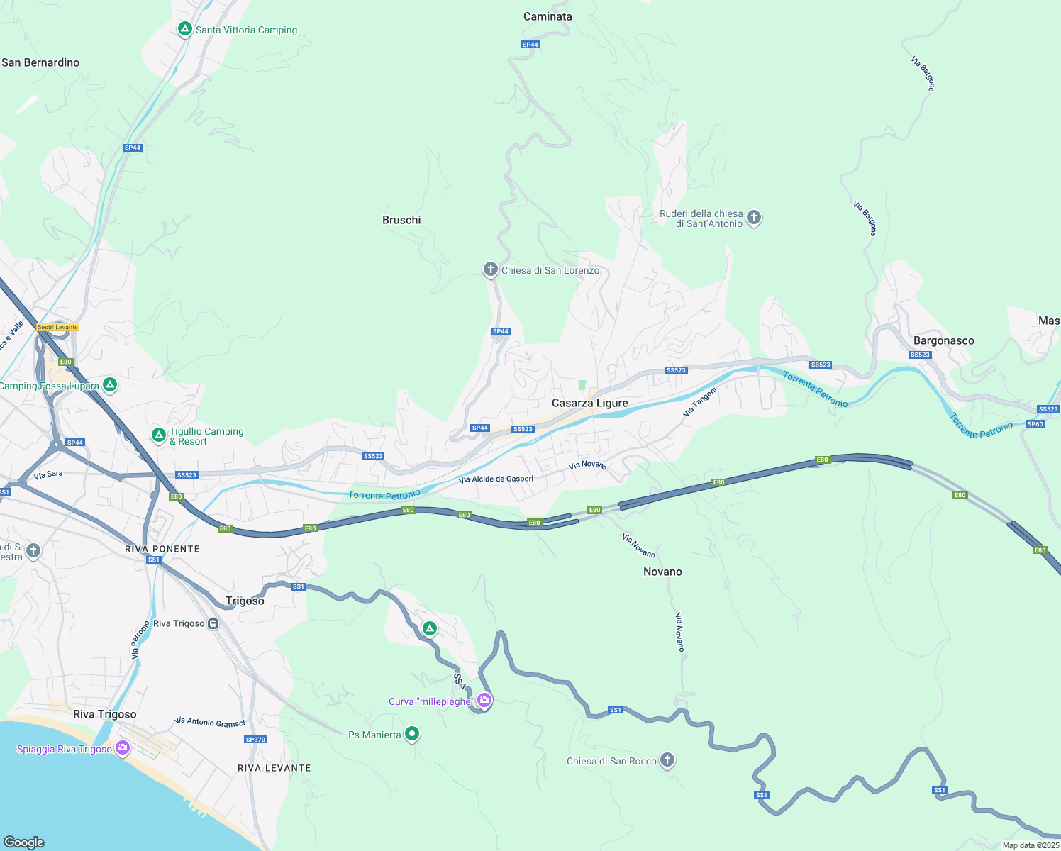 map of restaurants, bars, coffee shops, grocery stores, and more near 76 SP523 in Casarza Ligure