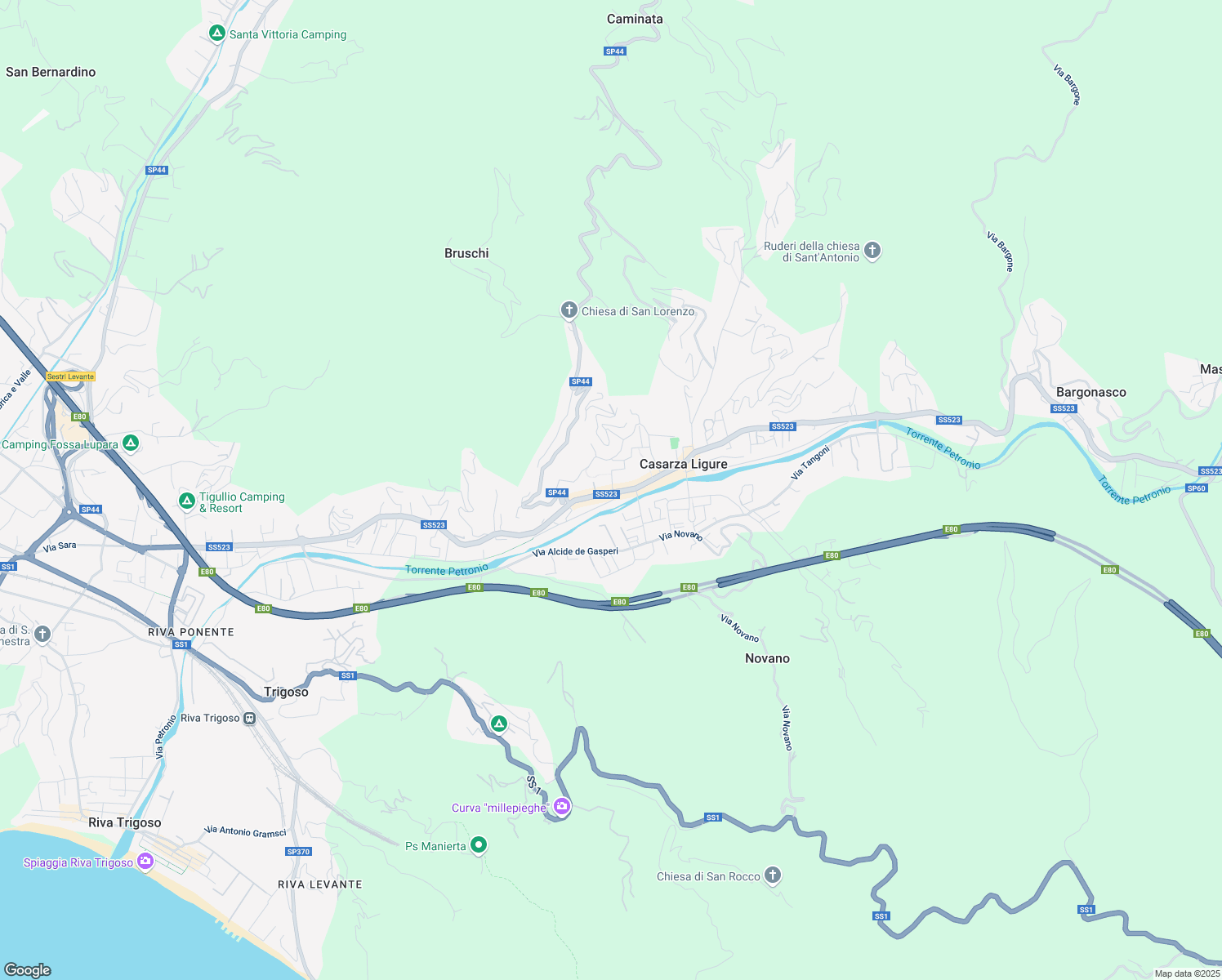 map of restaurants, bars, coffee shops, grocery stores, and more near 76 Strada Provinciale 523 in Casarza Ligure