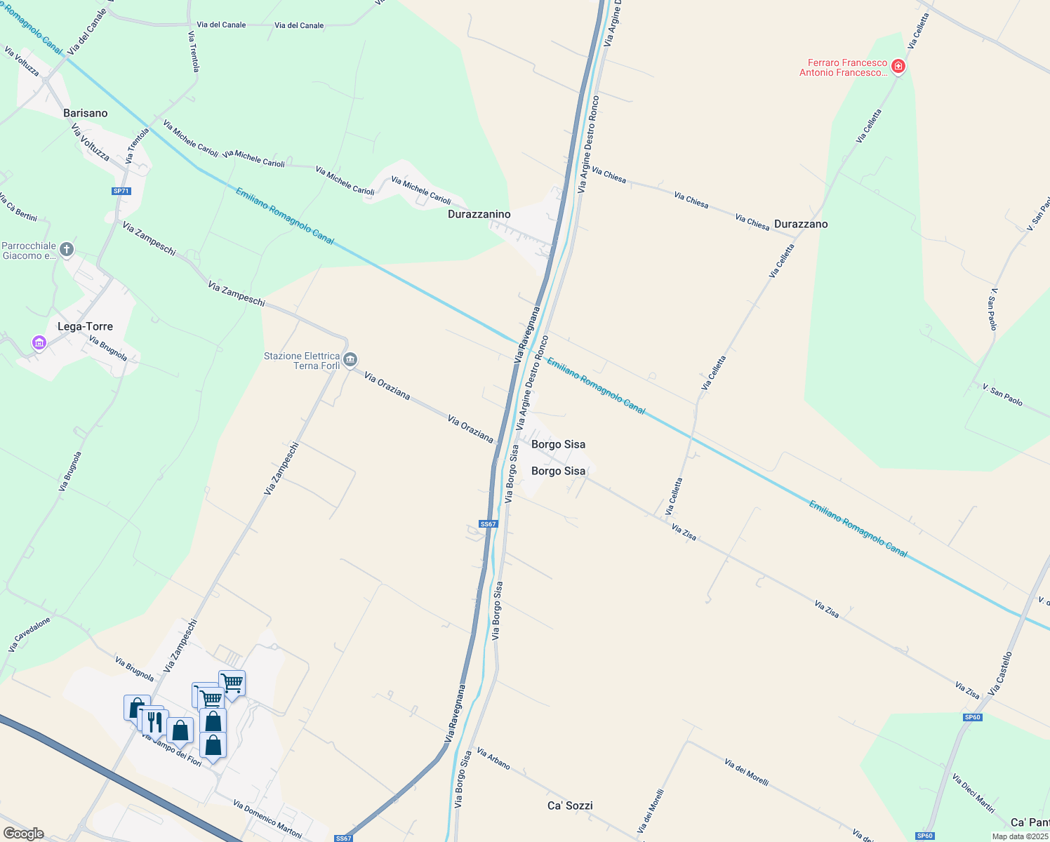 map of restaurants, bars, coffee shops, grocery stores, and more near 222 Via Argine Destro Ronco in Borgo Sisa