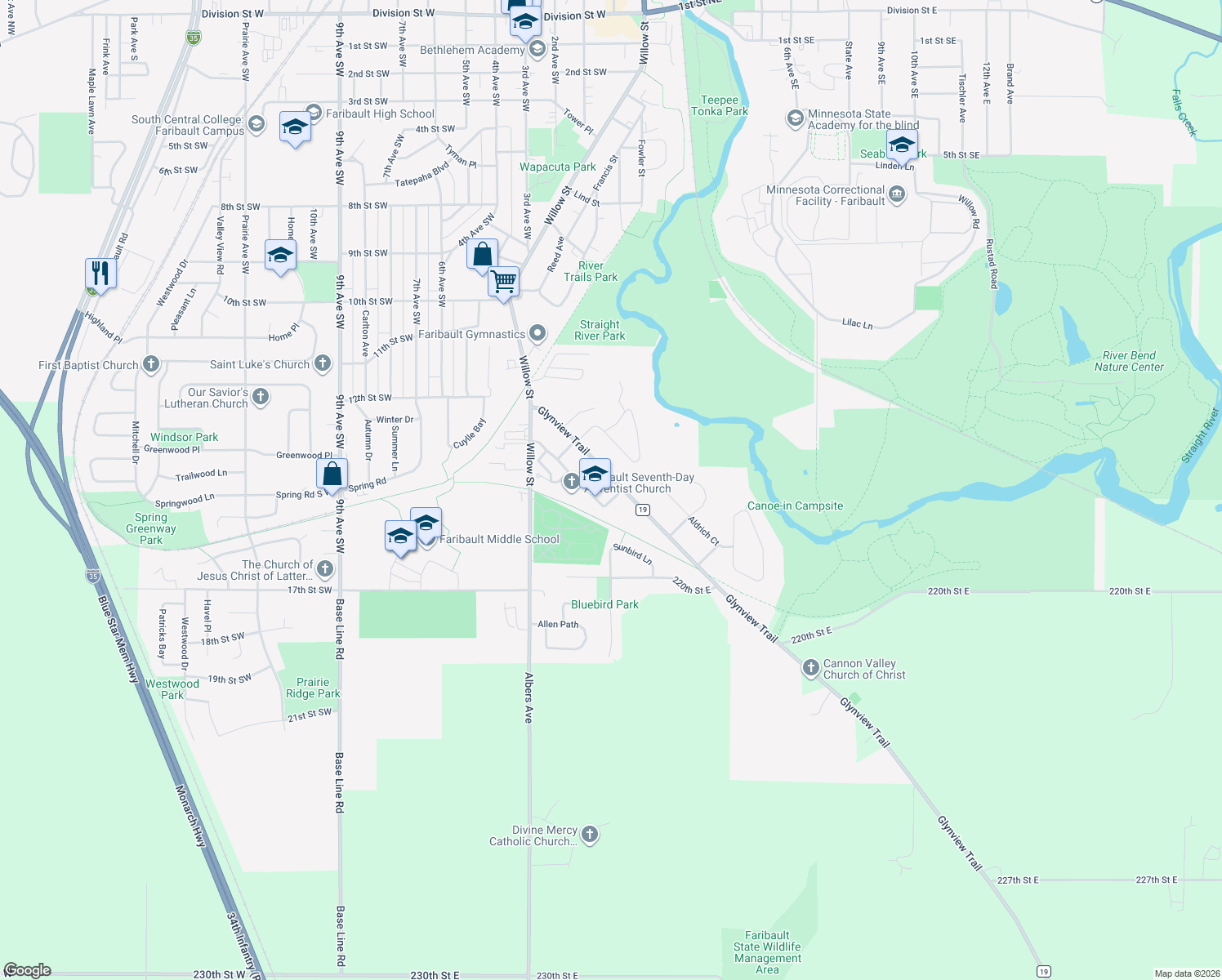 map of restaurants, bars, coffee shops, grocery stores, and more near 1394 Glynview Trail in Faribault