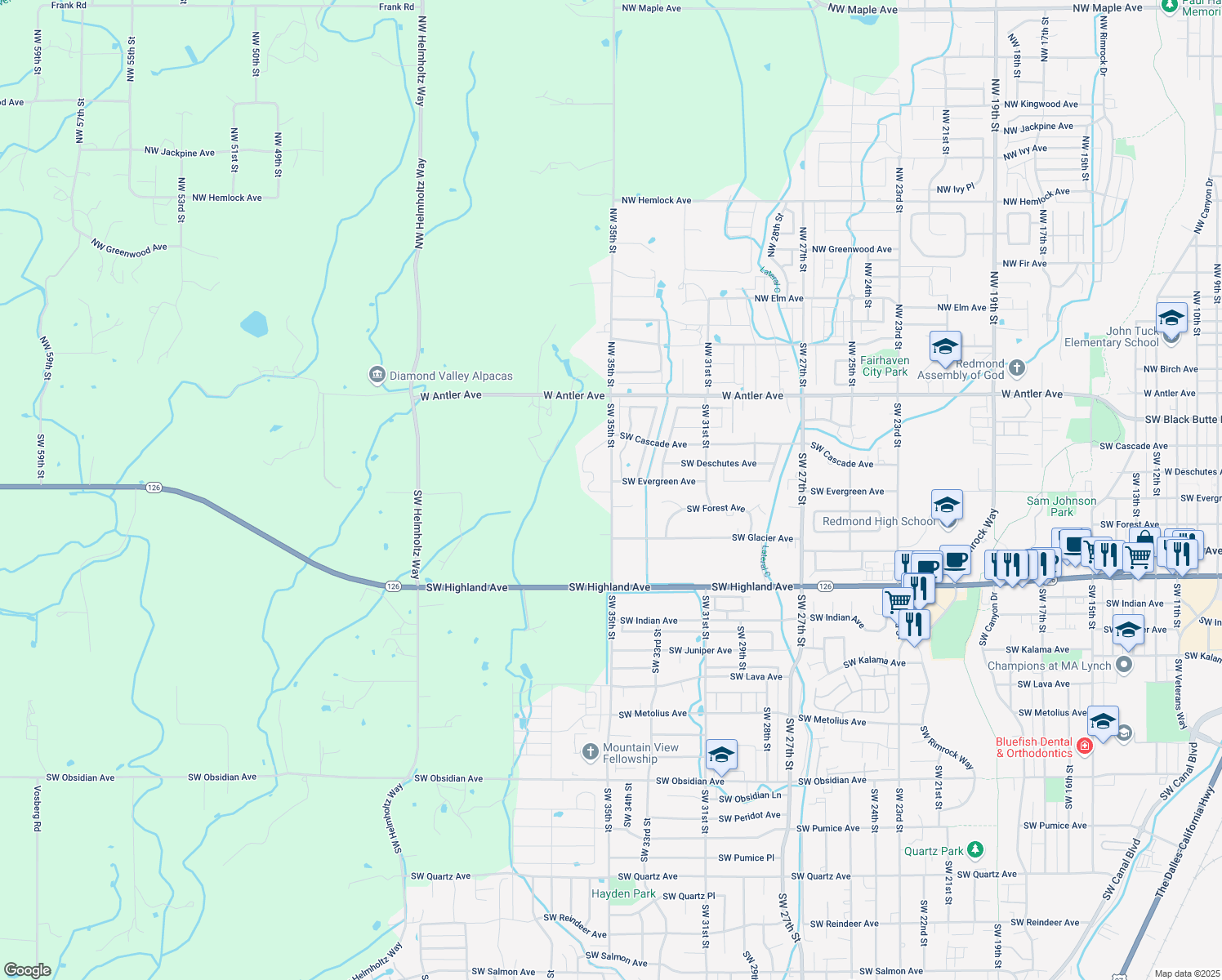 map of restaurants, bars, coffee shops, grocery stores, and more near 333 Southwest 35th Street in Redmond
