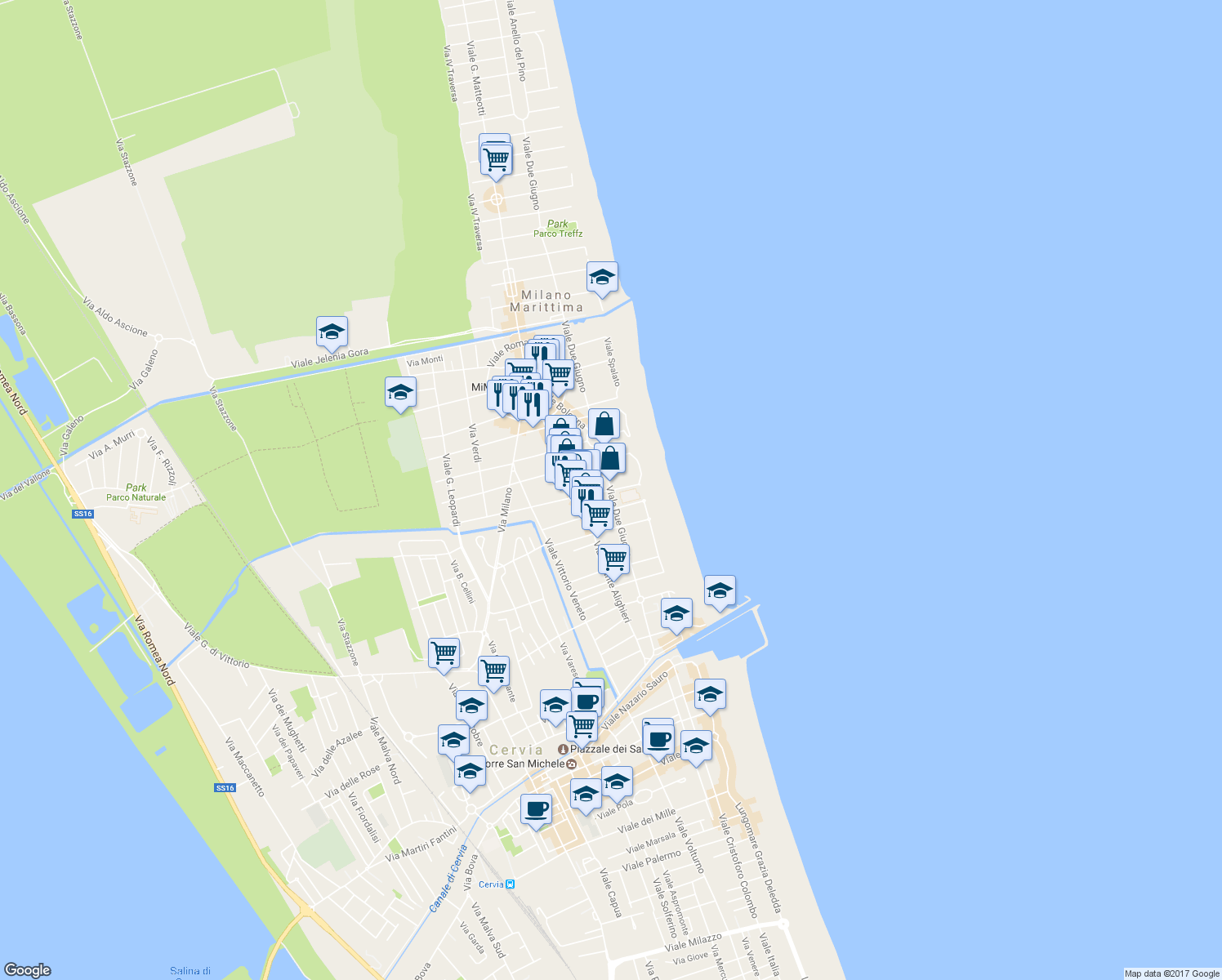 map of restaurants, bars, coffee shops, grocery stores, and more near 58 Viale II Giugno in Cervia