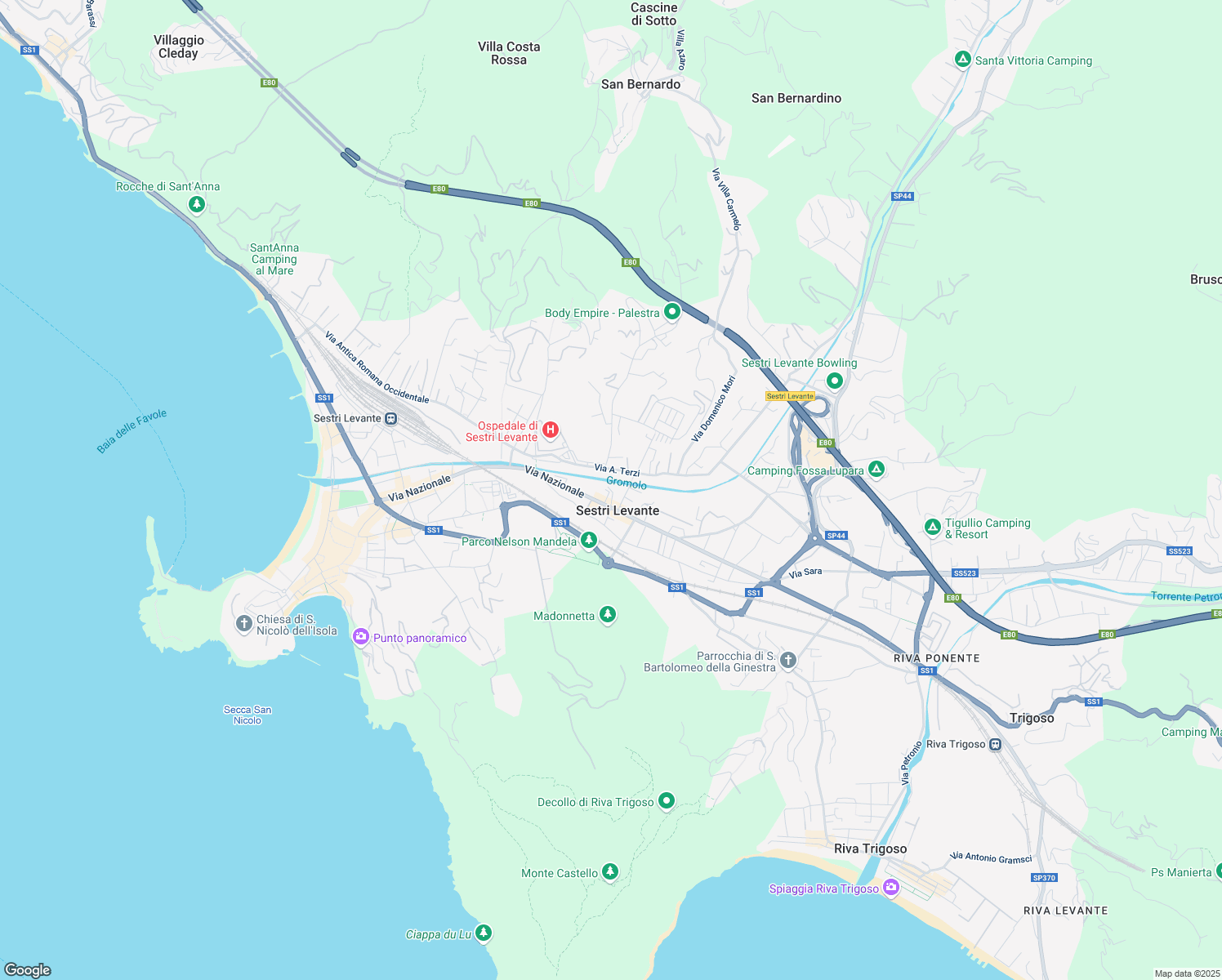 map of restaurants, bars, coffee shops, grocery stores, and more near 38 Via Arnaldo Terzi in Sestri Levante
