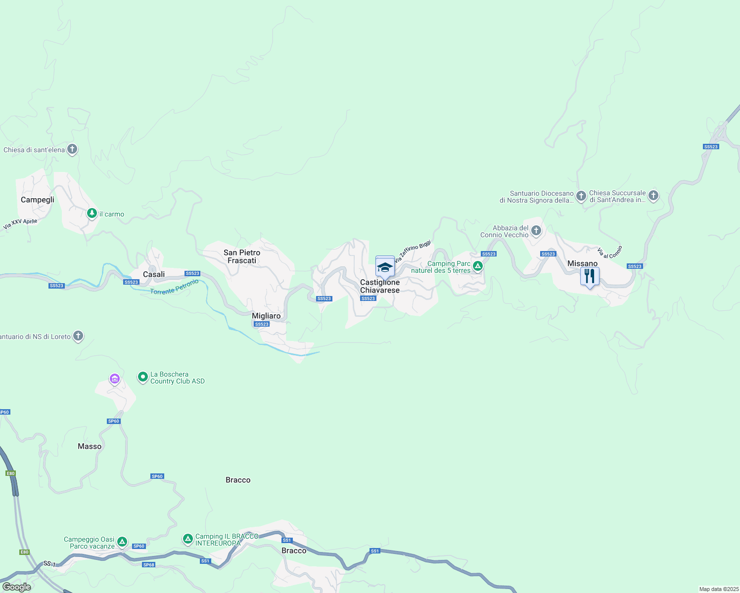 map of restaurants, bars, coffee shops, grocery stores, and more near 57B Via Antonio Canzio in Castiglione Chiavarese