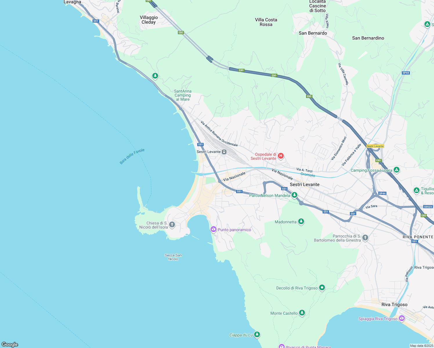 map of restaurants, bars, coffee shops, grocery stores, and more near Viale Mazzini in Sestri Levante
