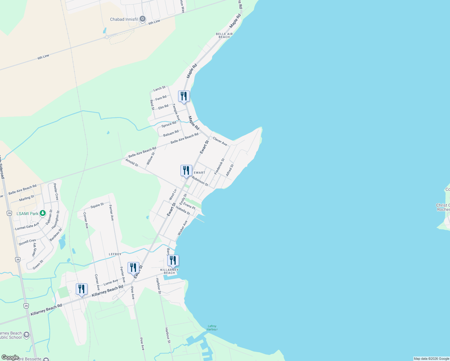 map of restaurants, bars, coffee shops, grocery stores, and more near 1092 Alfred Street in Innisfil