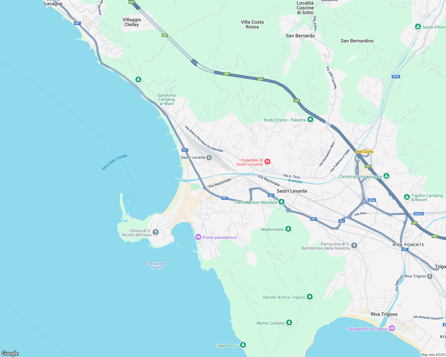 map of restaurants, bars, coffee shops, grocery stores, and more near 5 Vico Gromolo in Sestri Levante
