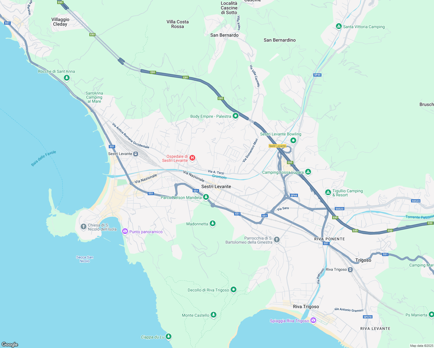map of restaurants, bars, coffee shops, grocery stores, and more near 38 Via A. Terzi in Sestri Levante