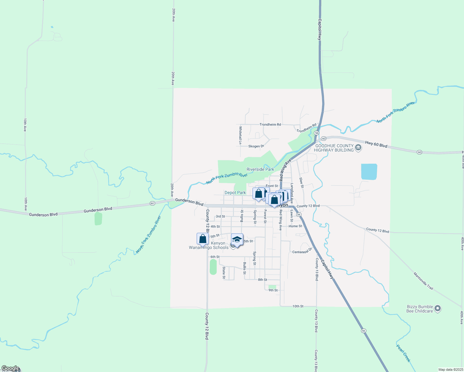 map of restaurants, bars, coffee shops, grocery stores, and more near 26 Washington Street in Kenyon