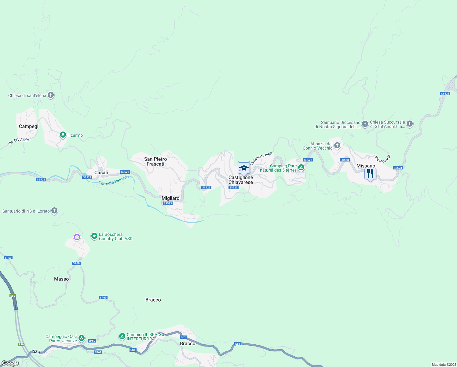 map of restaurants, bars, coffee shops, grocery stores, and more near 57B Via Antonio Canzio in Castiglione Chiavarese