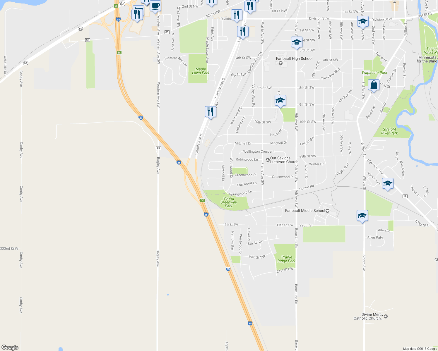 map of restaurants, bars, coffee shops, grocery stores, and more near 4 Saint Marks Bay in Faribault