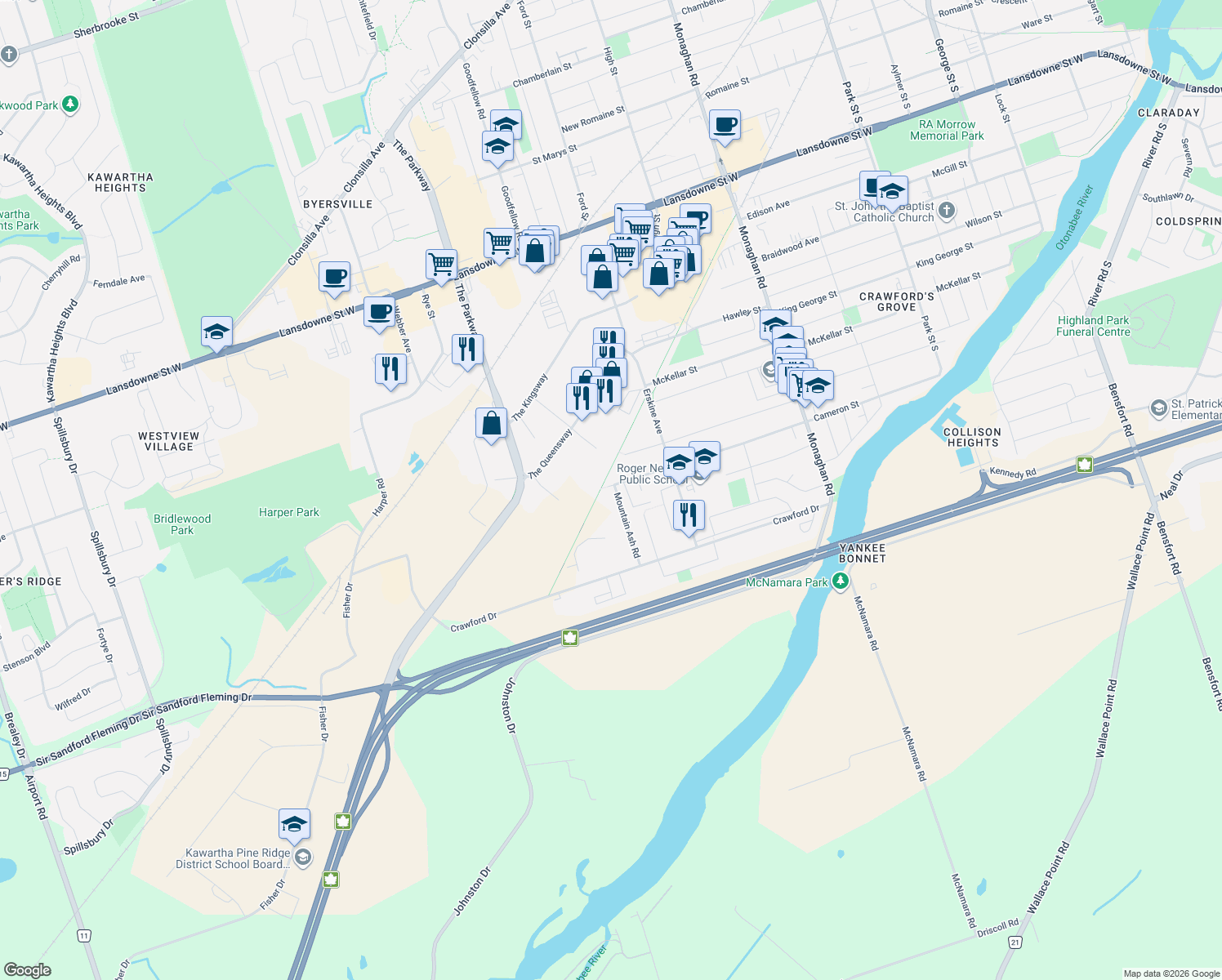 map of restaurants, bars, coffee shops, grocery stores, and more near 839 Mountain Ash Road in Peterborough