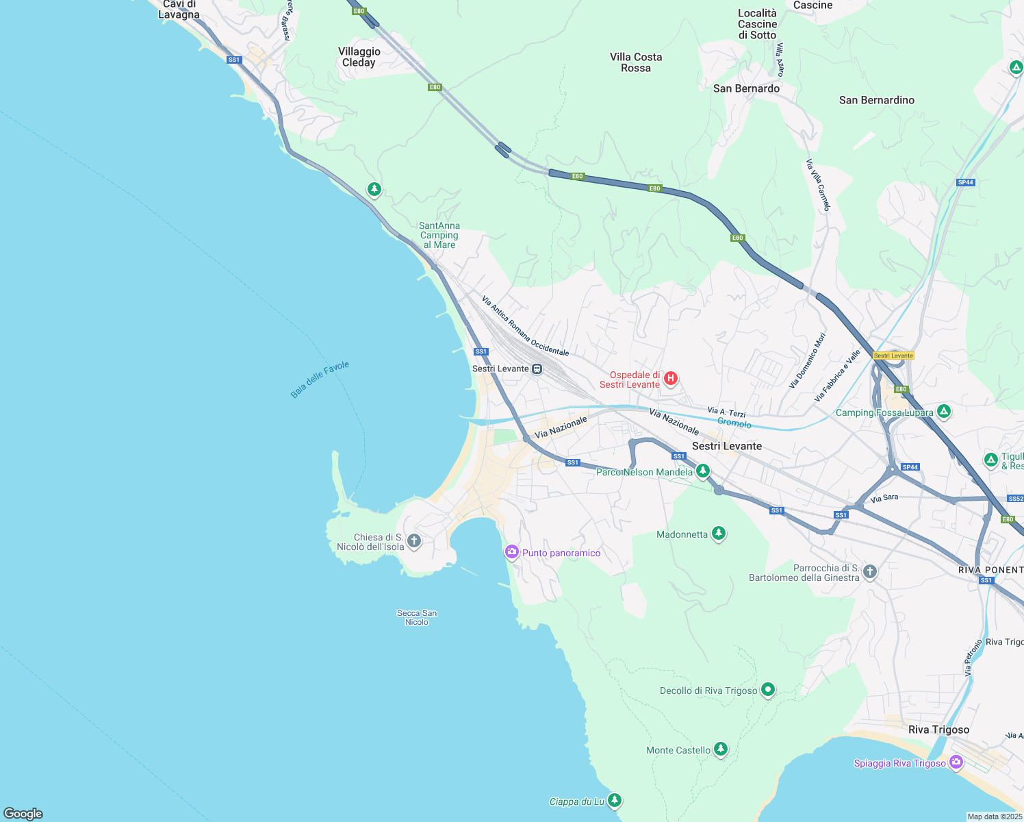 map of restaurants, bars, coffee shops, grocery stores, and more near Viale Mazzini in Sestri Levante
