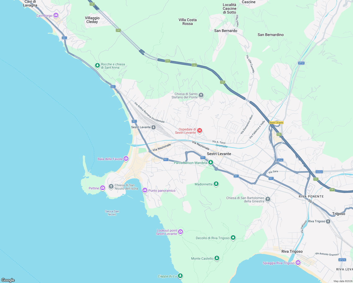 map of restaurants, bars, coffee shops, grocery stores, and more near 203 Via Nazionale in Sestri Levante