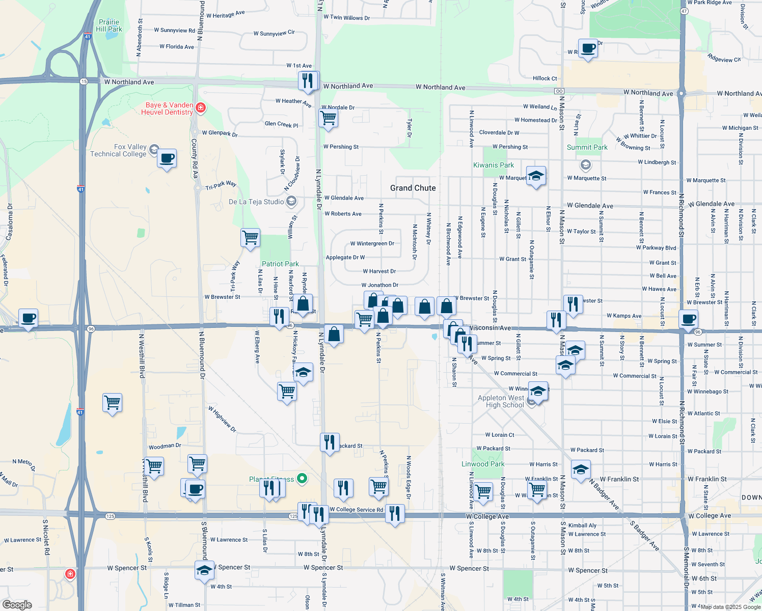 map of restaurants, bars, coffee shops, grocery stores, and more near 1431 North Perkins Street in Appleton