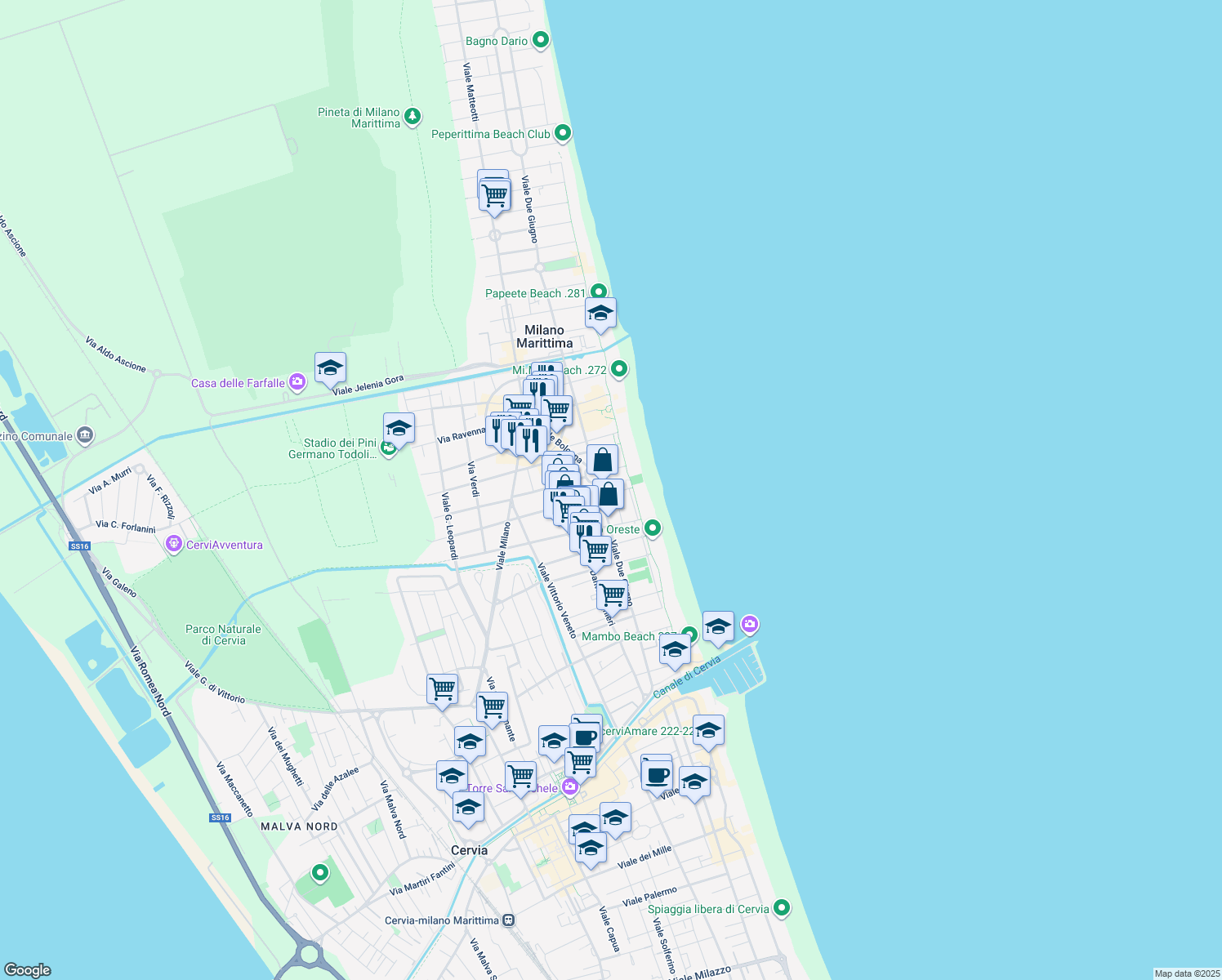 map of restaurants, bars, coffee shops, grocery stores, and more near 58 Viale Due Giugno in Cervia
