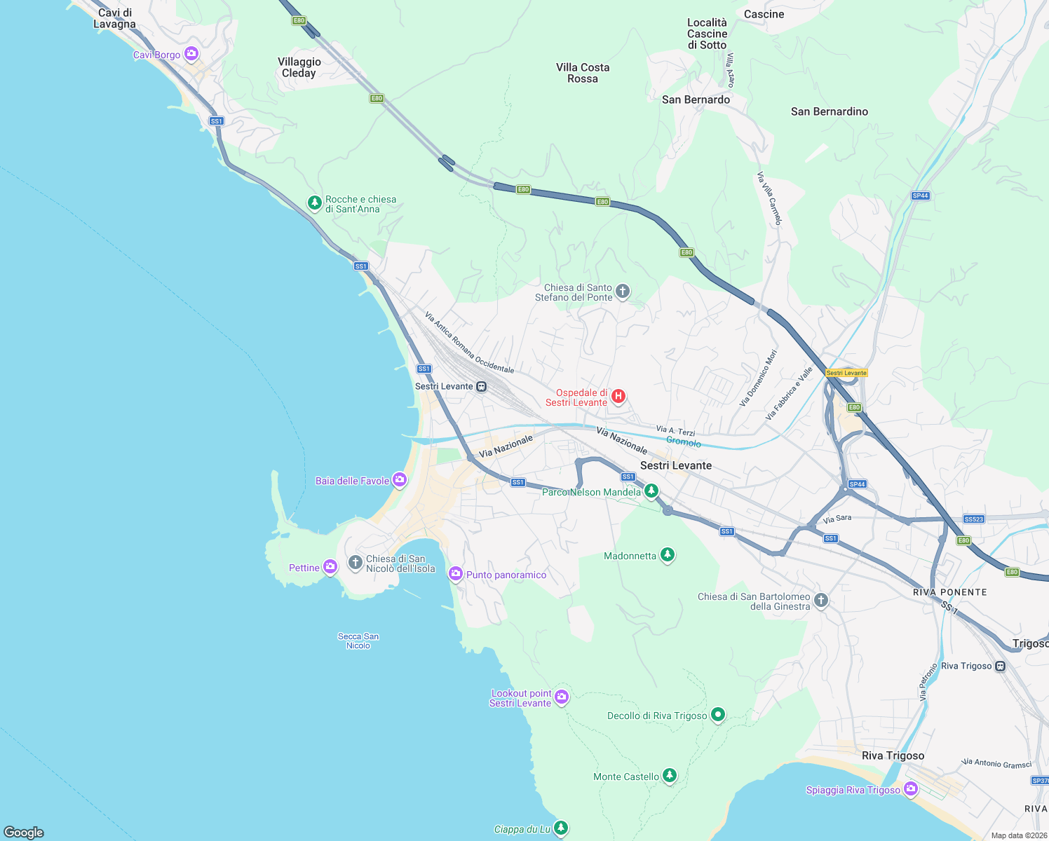 map of restaurants, bars, coffee shops, grocery stores, and more near 121 Via Nazionale in Sestri Levante