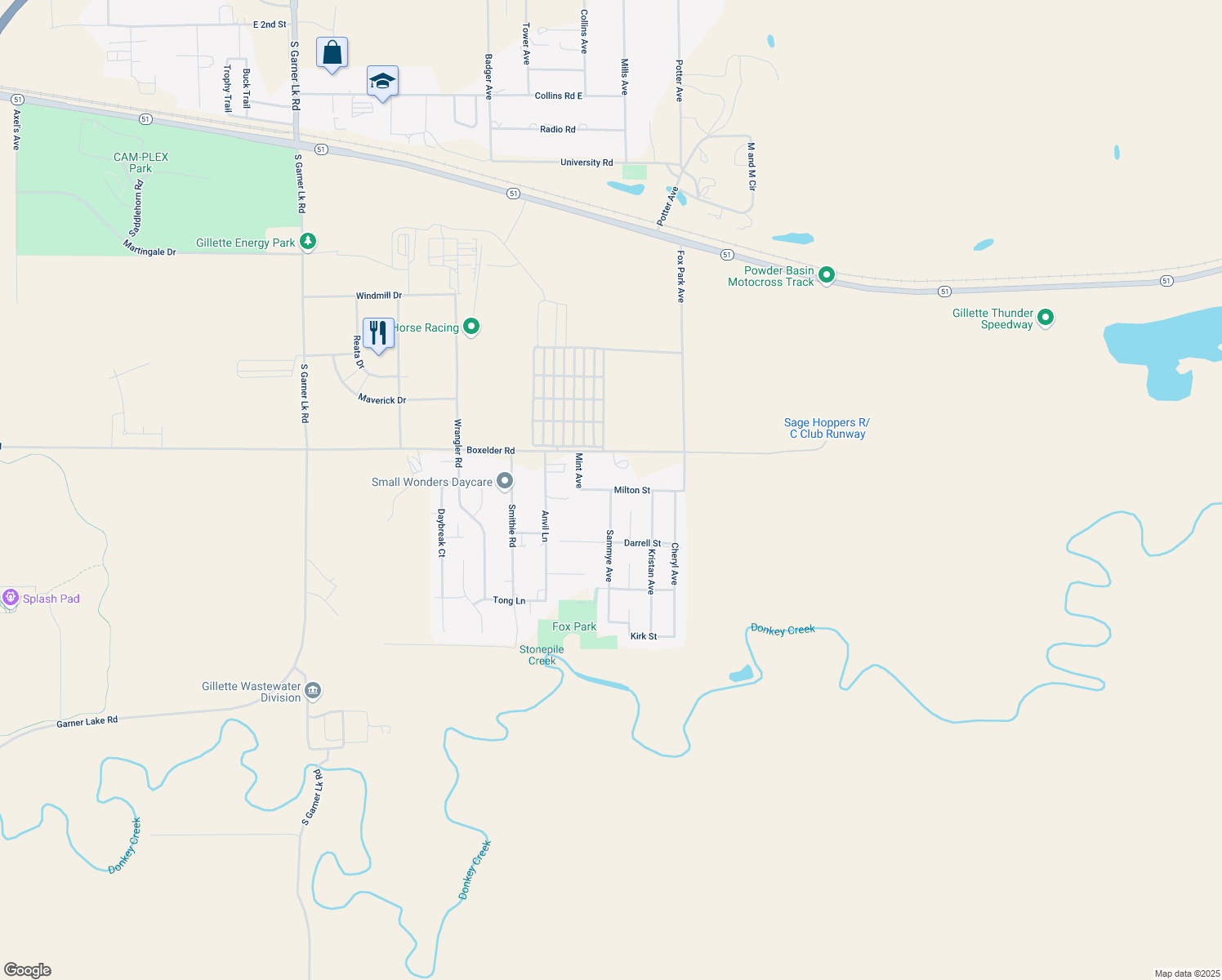 map of restaurants, bars, coffee shops, grocery stores, and more near 4705 Milton Street in Gillette