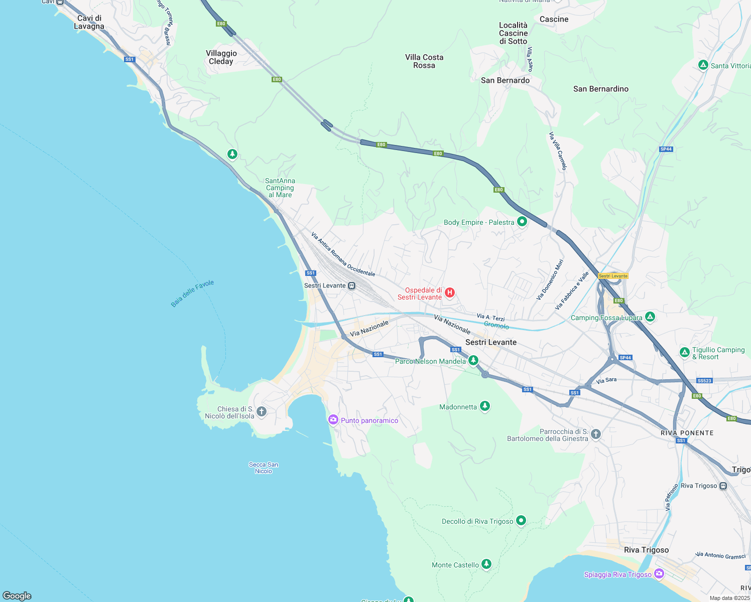 map of restaurants, bars, coffee shops, grocery stores, and more near 42 Via Eraldo Fico in Sestri Levante