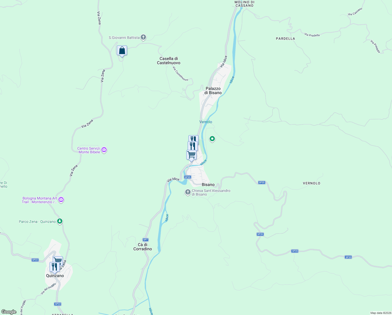 map of restaurants, bars, coffee shops, grocery stores, and more near 12 Via Borgo Bisano in Bisano