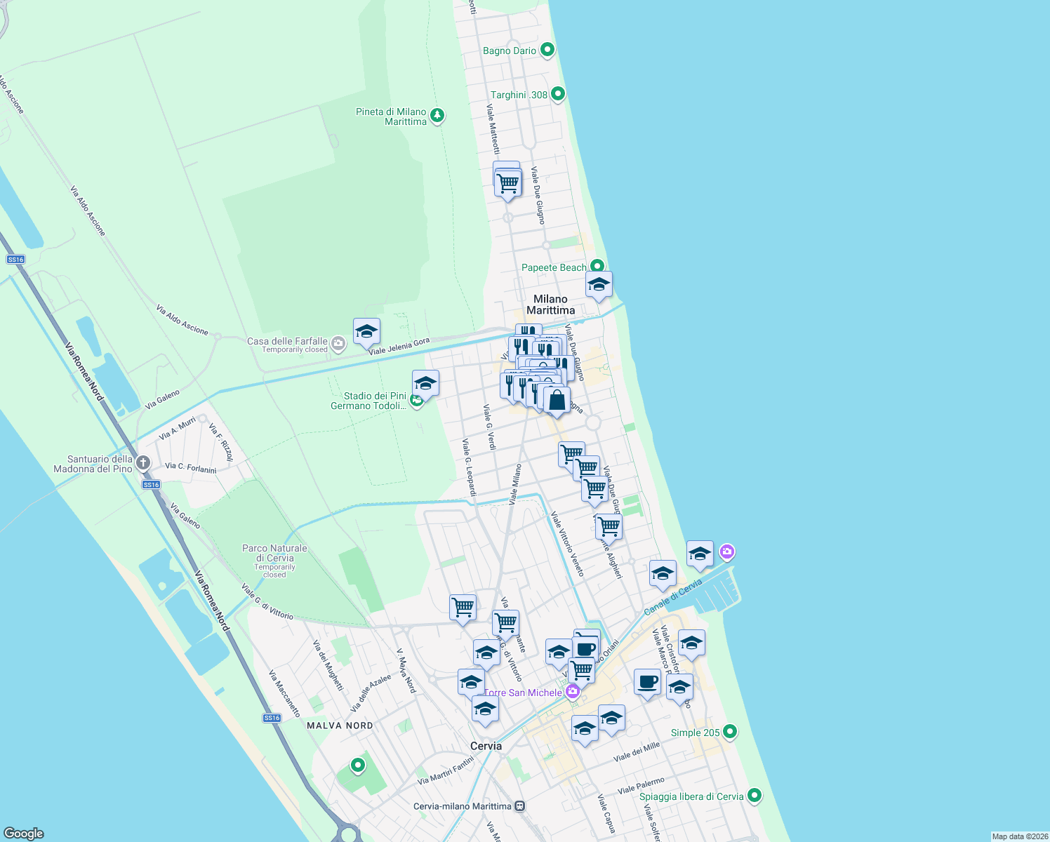 map of restaurants, bars, coffee shops, grocery stores, and more near 11 Via Milano in Cervia