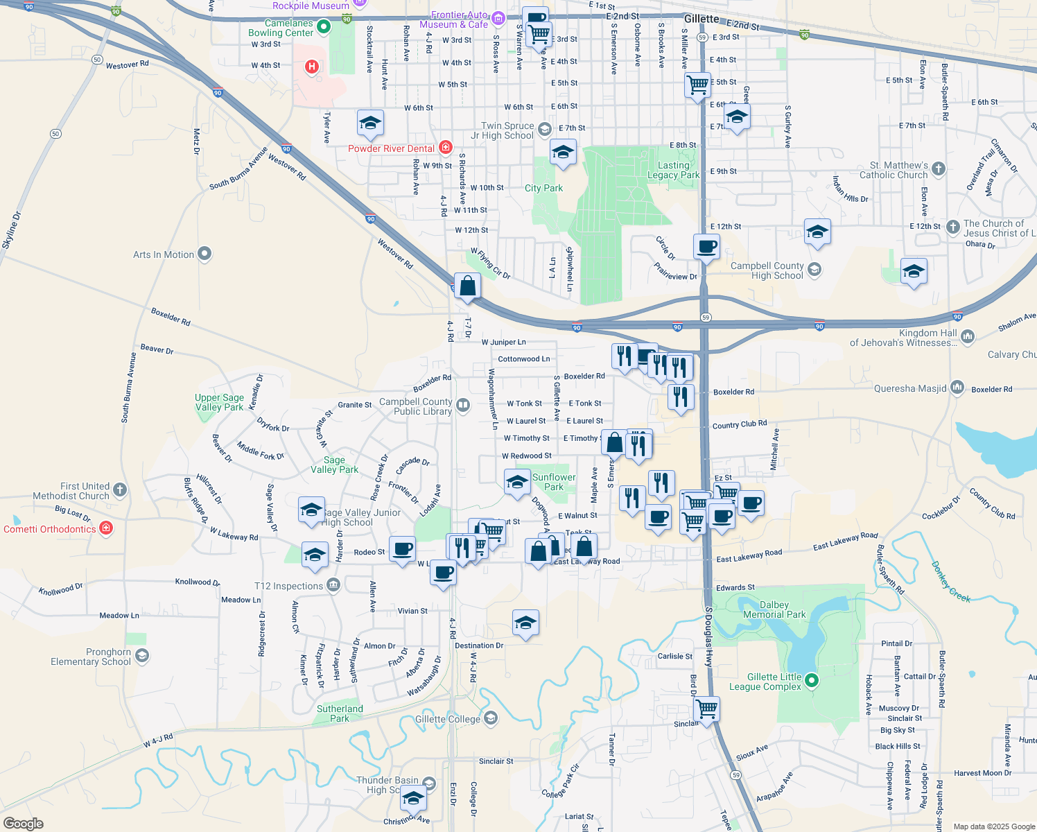 map of restaurants, bars, coffee shops, grocery stores, and more near 214 West Laurel Street in Gillette