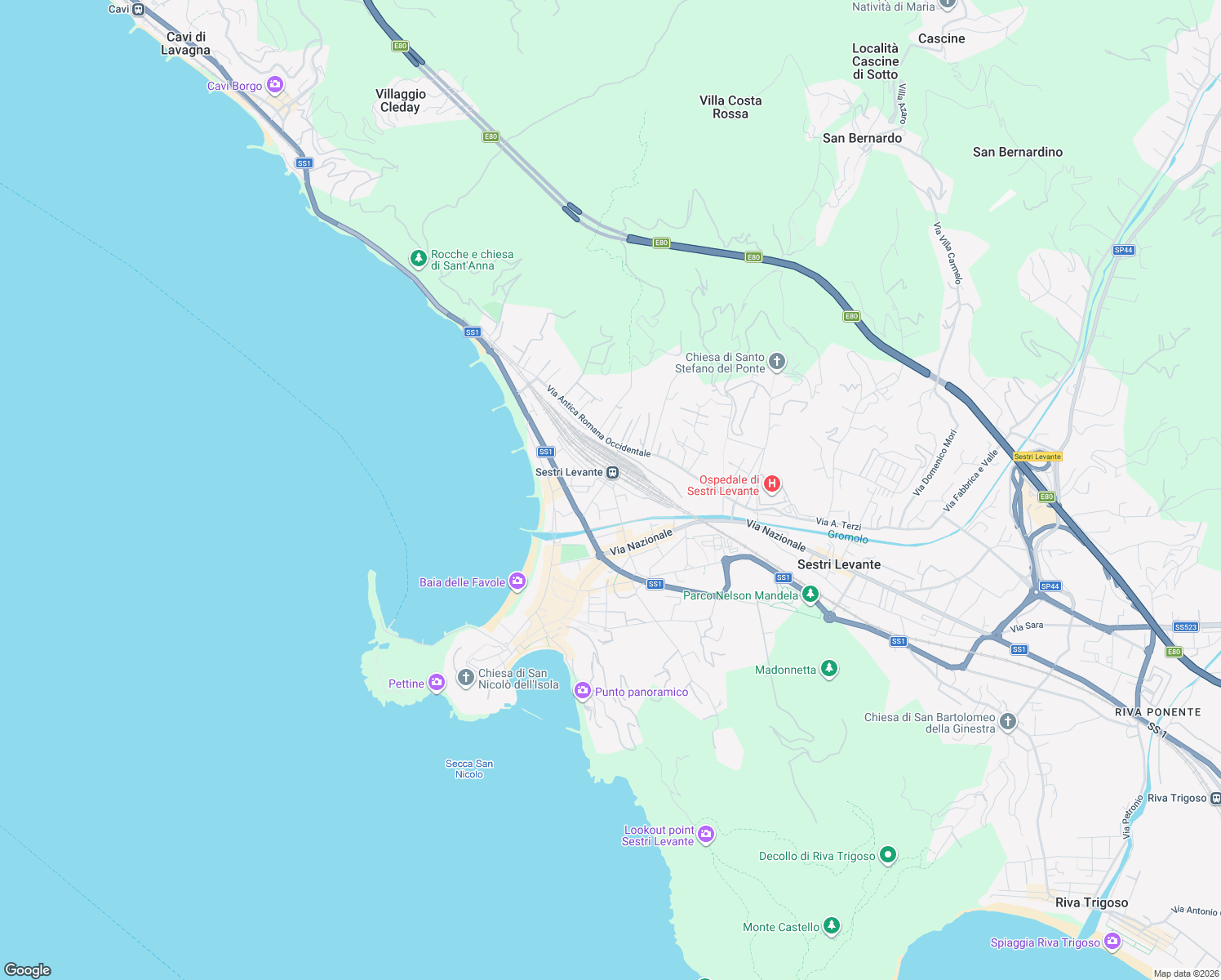 map of restaurants, bars, coffee shops, grocery stores, and more near 121 Via Eraldo Fico in Sestri Levante