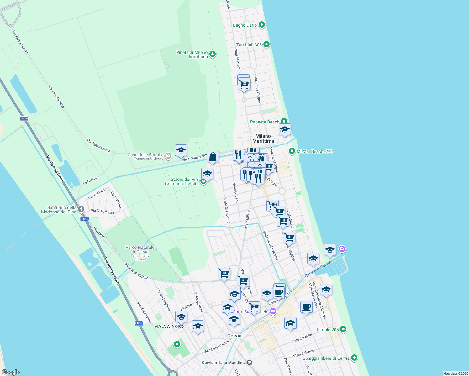 map of restaurants, bars, coffee shops, grocery stores, and more near 8 Via Tiziano in Cervia