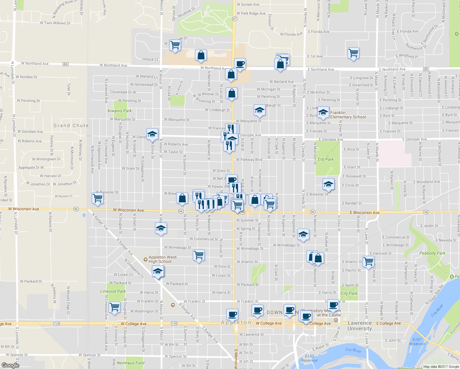 map of restaurants, bars, coffee shops, grocery stores, and more near 1601 North Richmond Street in Appleton