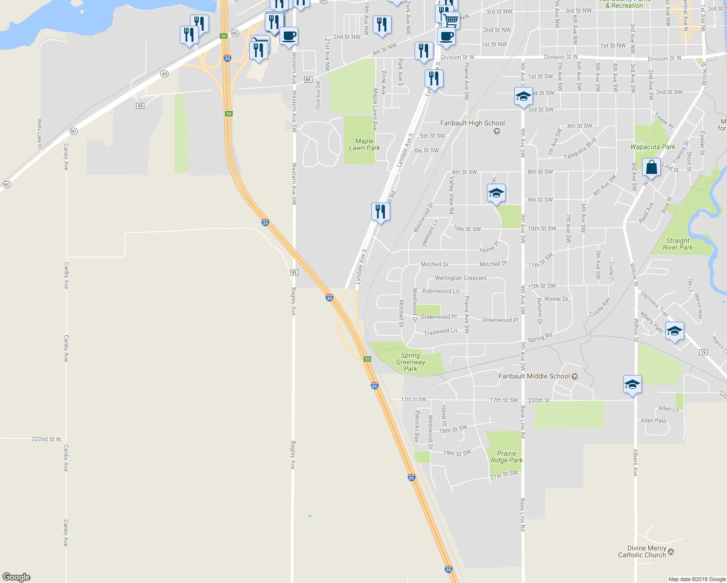 map of restaurants, bars, coffee shops, grocery stores, and more near 1101 Faribault Road in Faribault