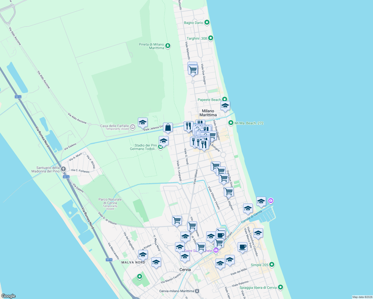 map of restaurants, bars, coffee shops, grocery stores, and more near 8 Via Tiziano in Cervia