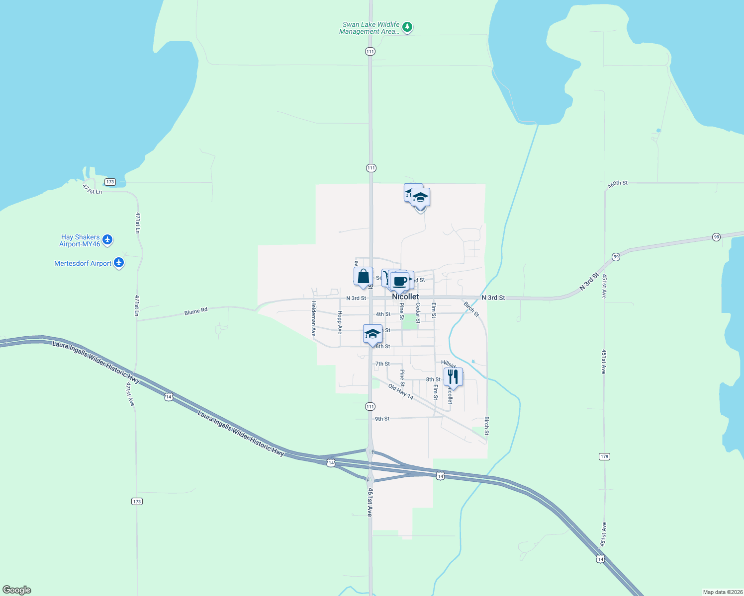 map of restaurants, bars, coffee shops, grocery stores, and more near 437 North 3rd Street in Nicollet