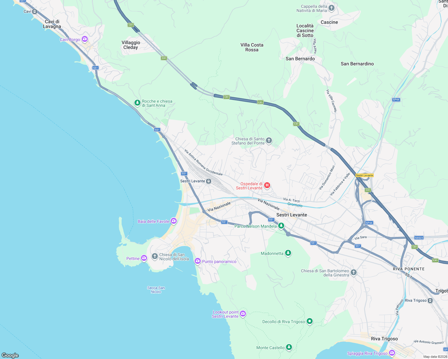 map of restaurants, bars, coffee shops, grocery stores, and more near 203 Via Nazionale in Sestri Levante