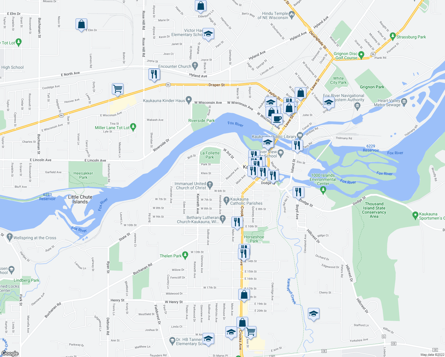 map of restaurants, bars, coffee shops, grocery stores, and more near 205 West 5th Street in Kaukauna
