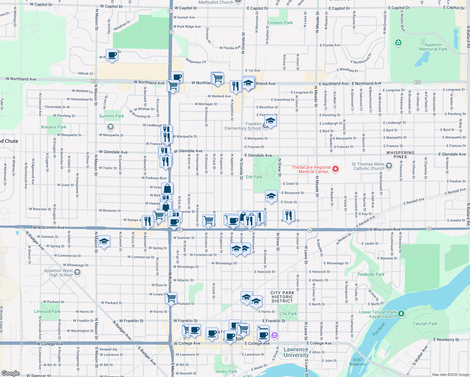 map of restaurants, bars, coffee shops, grocery stores, and more near 1710 North Appleton Street in Appleton