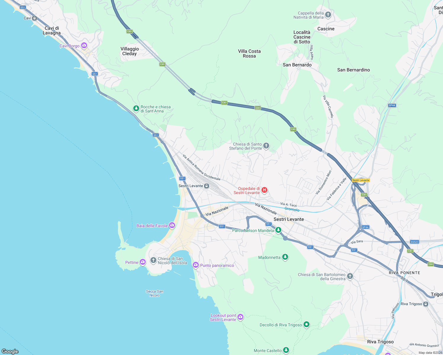 map of restaurants, bars, coffee shops, grocery stores, and more near 124-126 Via Antica Romana Occidentale in Sestri Levante