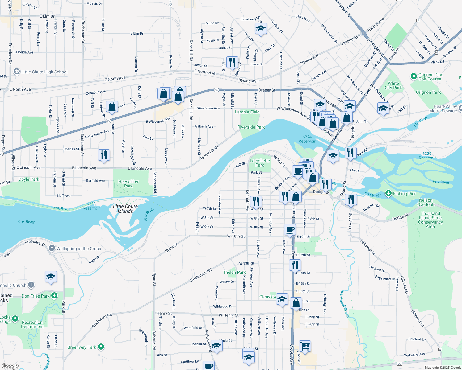 map of restaurants, bars, coffee shops, grocery stores, and more near 409 Eden Avenue in Kaukauna