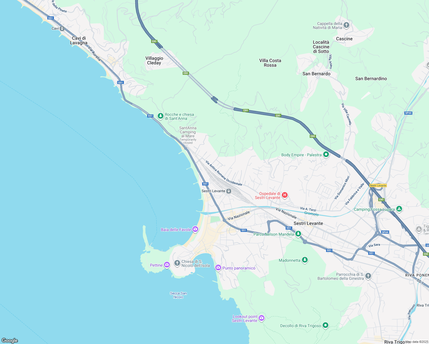 map of restaurants, bars, coffee shops, grocery stores, and more near 206 Via Antica Romana Occidentale in Sestri Levante