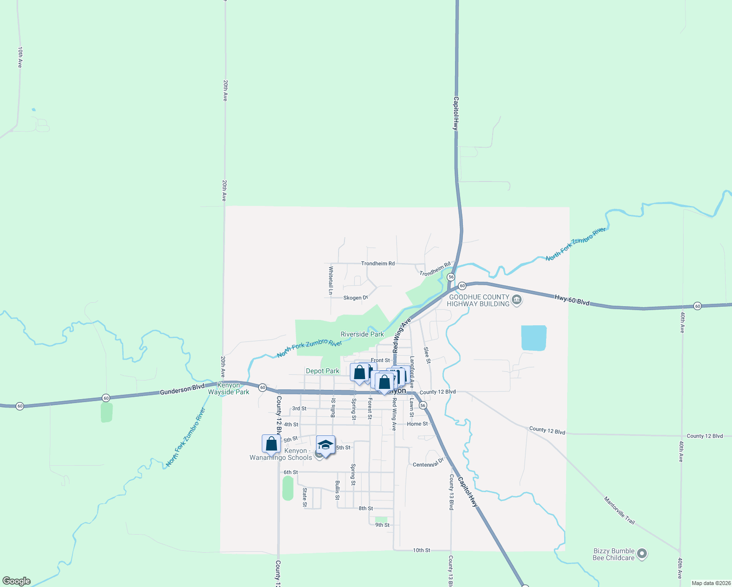 map of restaurants, bars, coffee shops, grocery stores, and more near 406 Skogen Drive in Kenyon