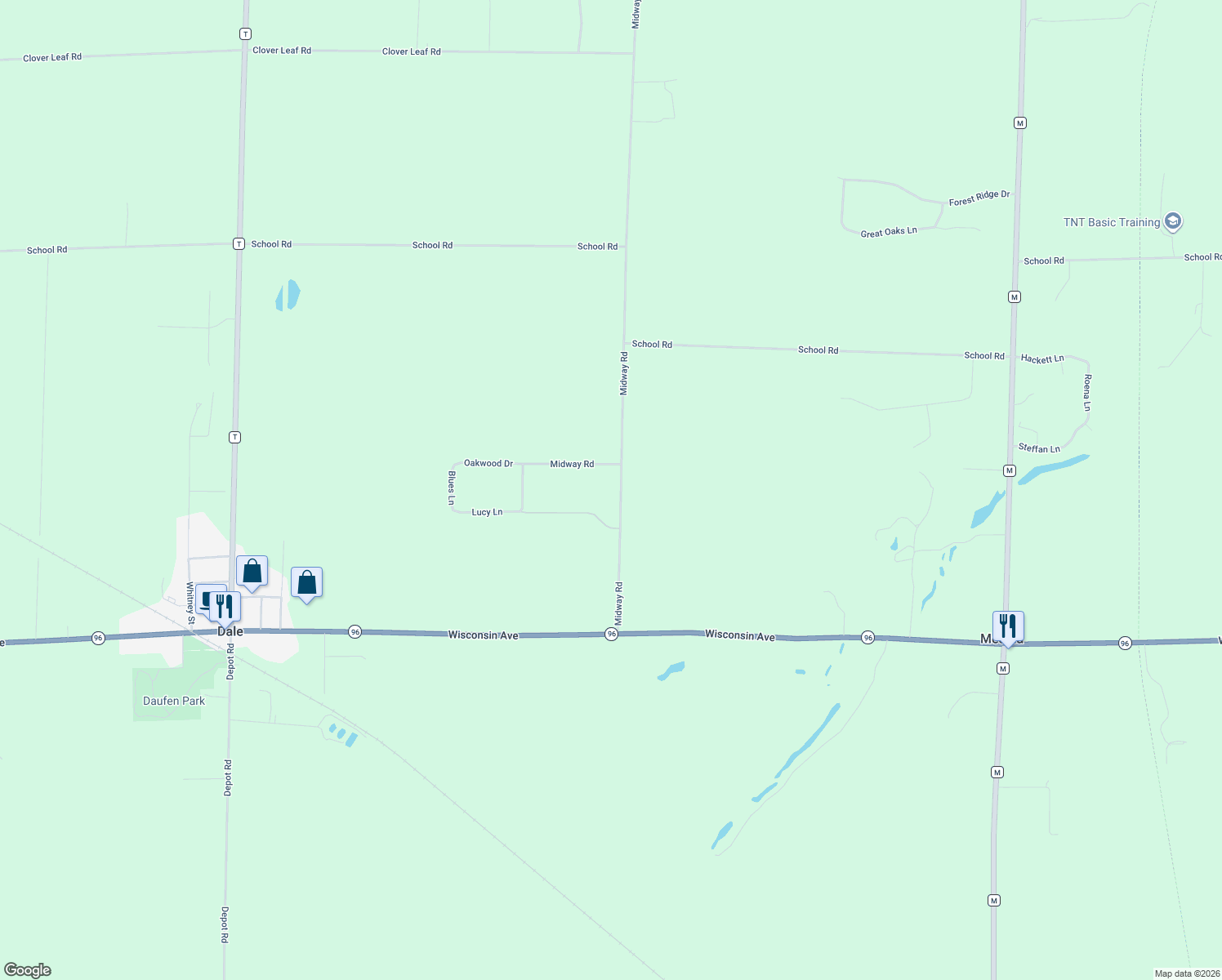 map of restaurants, bars, coffee shops, grocery stores, and more near N1045 Midway Rd in Hortonville