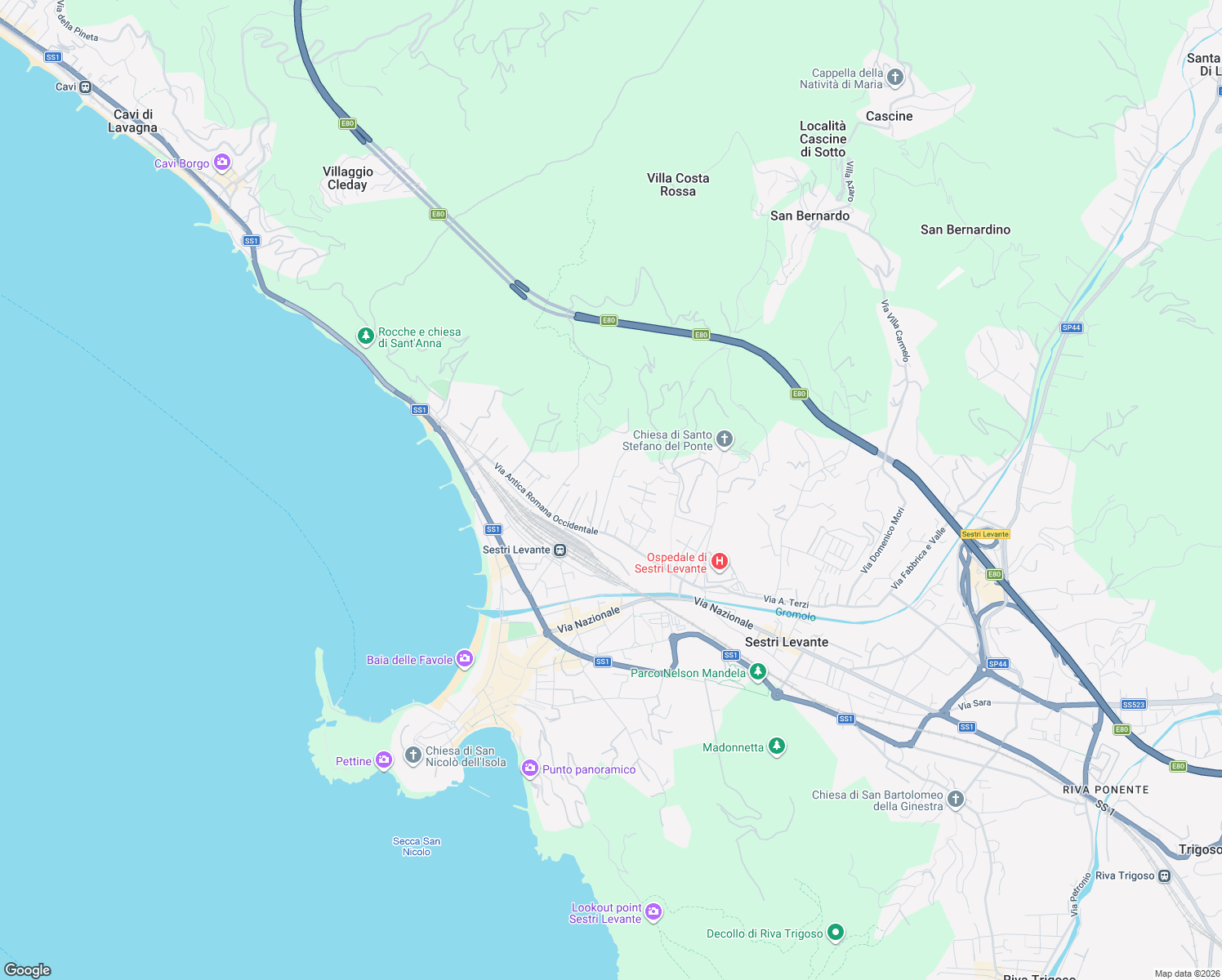 map of restaurants, bars, coffee shops, grocery stores, and more near 41 Via Olanda in Sestri Levante
