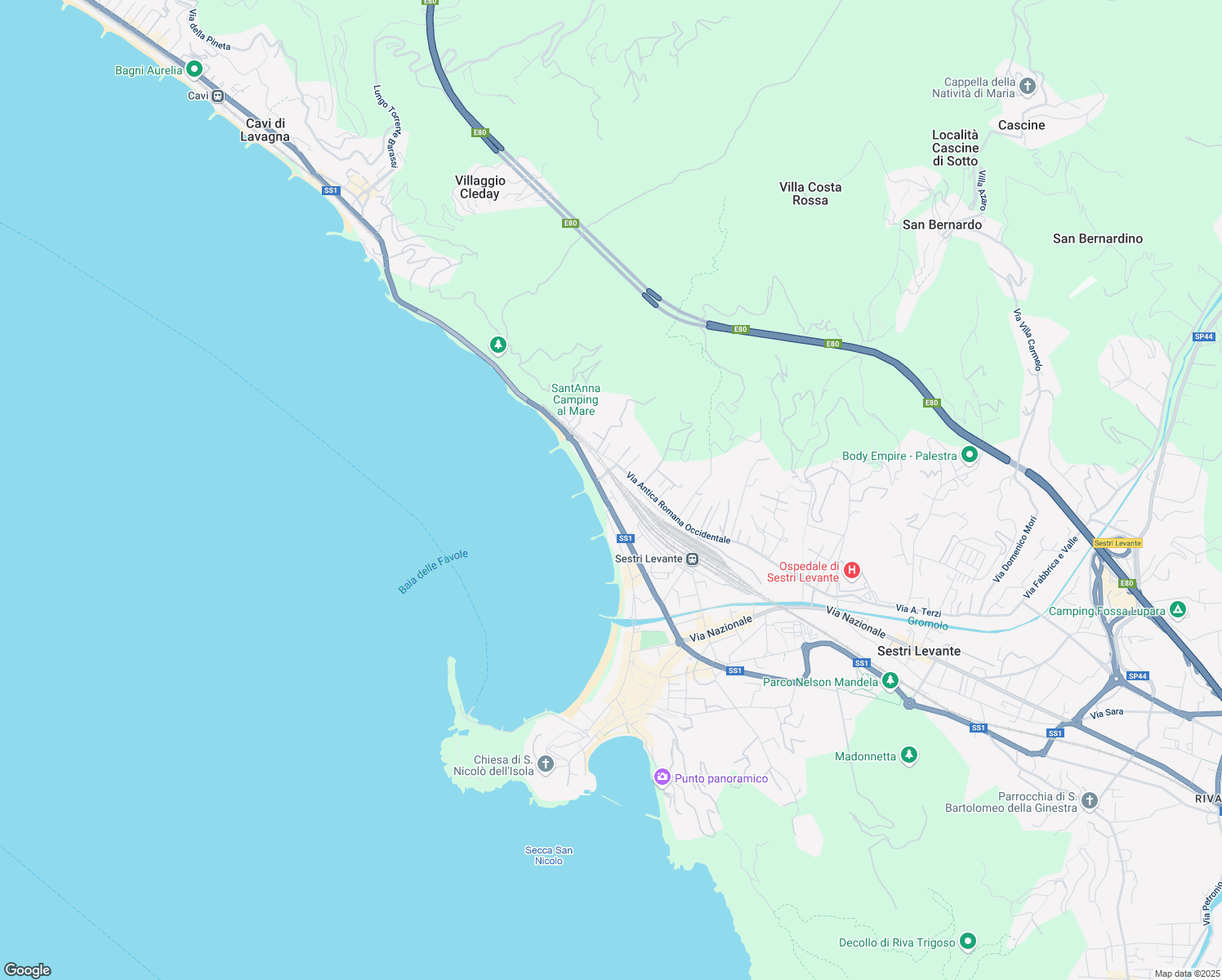 map of restaurants, bars, coffee shops, grocery stores, and more near 330 Viale Giuseppe Mazzini in Sestri Levante