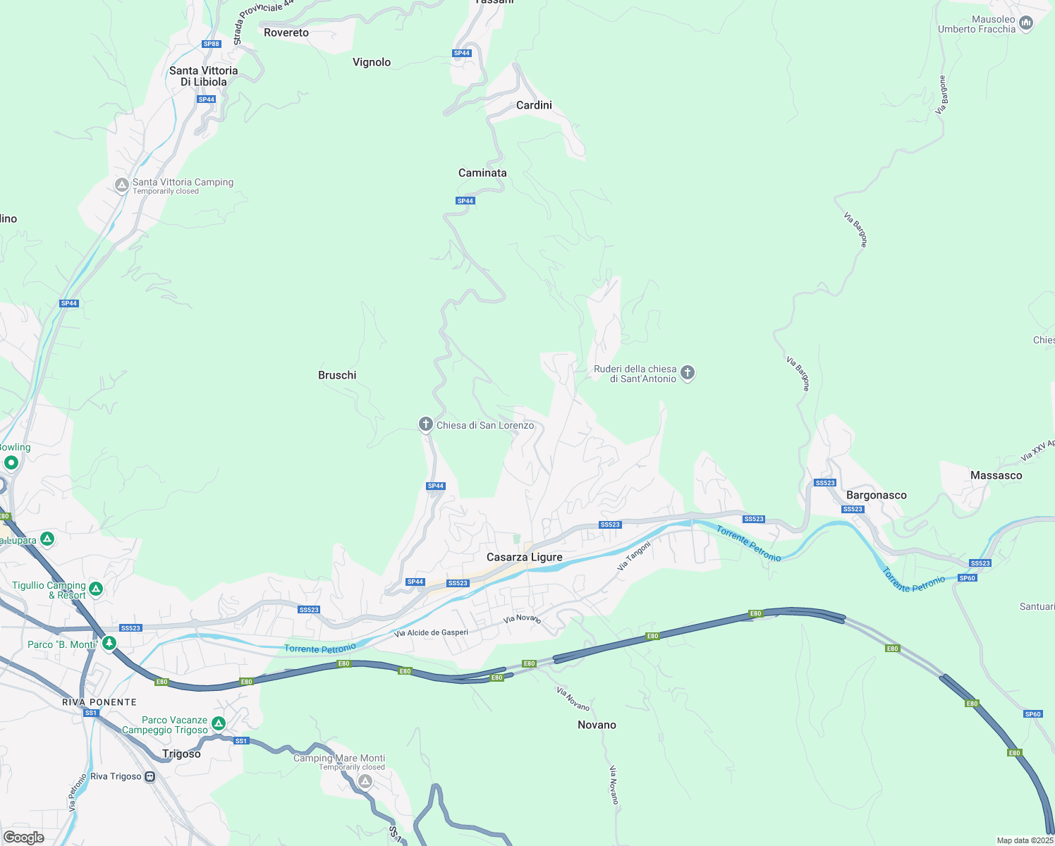 map of restaurants, bars, coffee shops, grocery stores, and more near 18A Via Olivella Caminata in Casarza Ligure