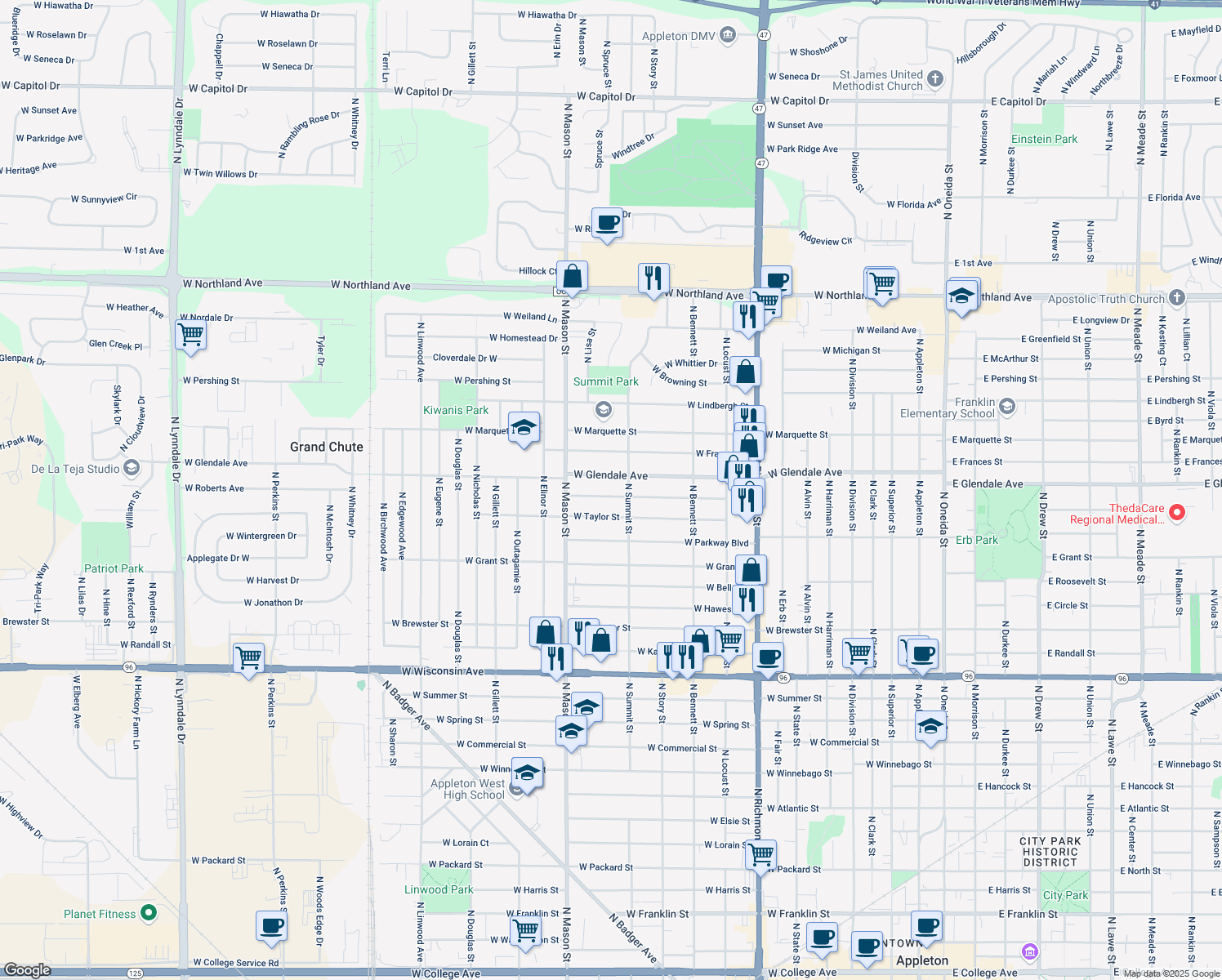map of restaurants, bars, coffee shops, grocery stores, and more near 1124 West Roberts Avenue in Appleton