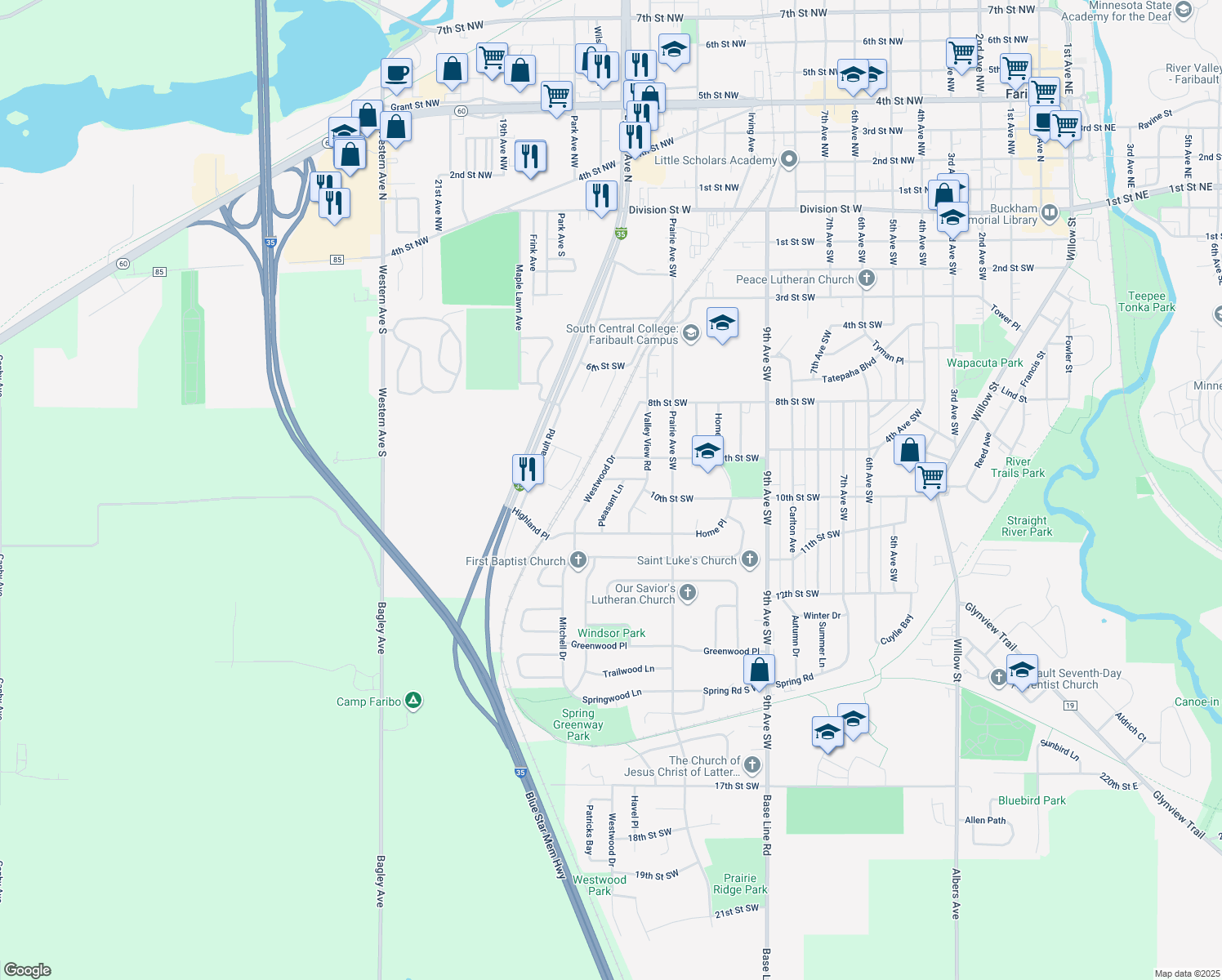 map of restaurants, bars, coffee shops, grocery stores, and more near 1014 Pleasant Lane in Faribault