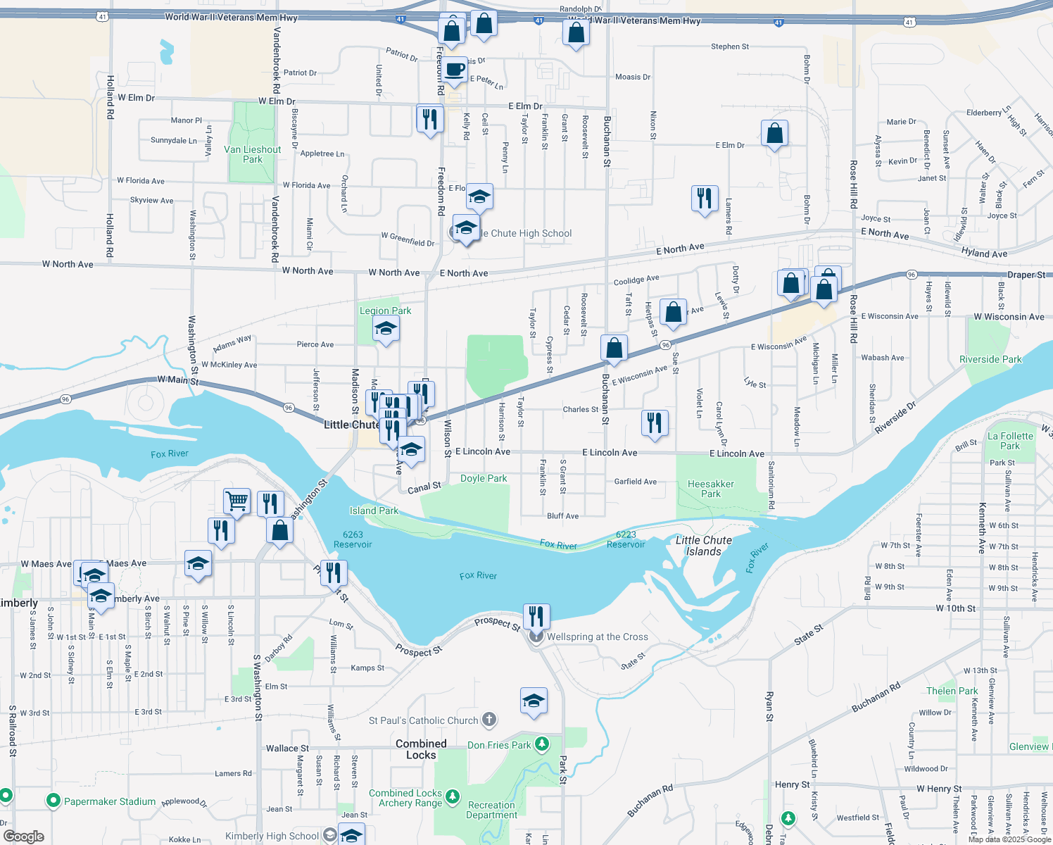 map of restaurants, bars, coffee shops, grocery stores, and more near 602 Taylor St in Little Chute