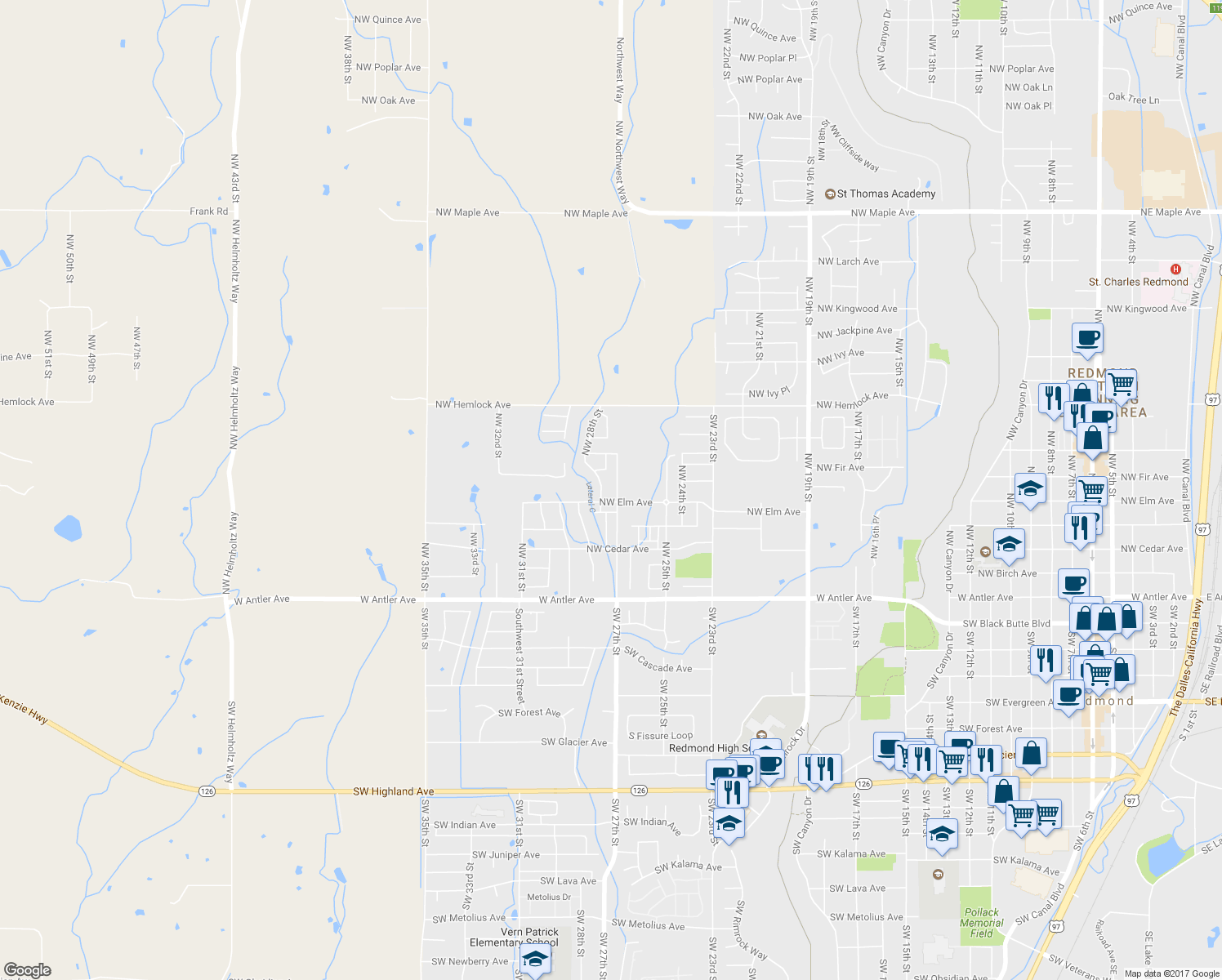 map of restaurants, bars, coffee shops, grocery stores, and more near 540 Northwest 28th Street in Redmond